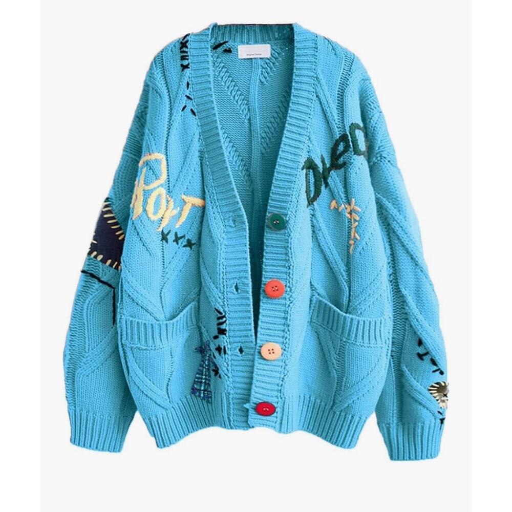 Ebossy blue embroidered patchwork cardigan sweater dream sport graphic M